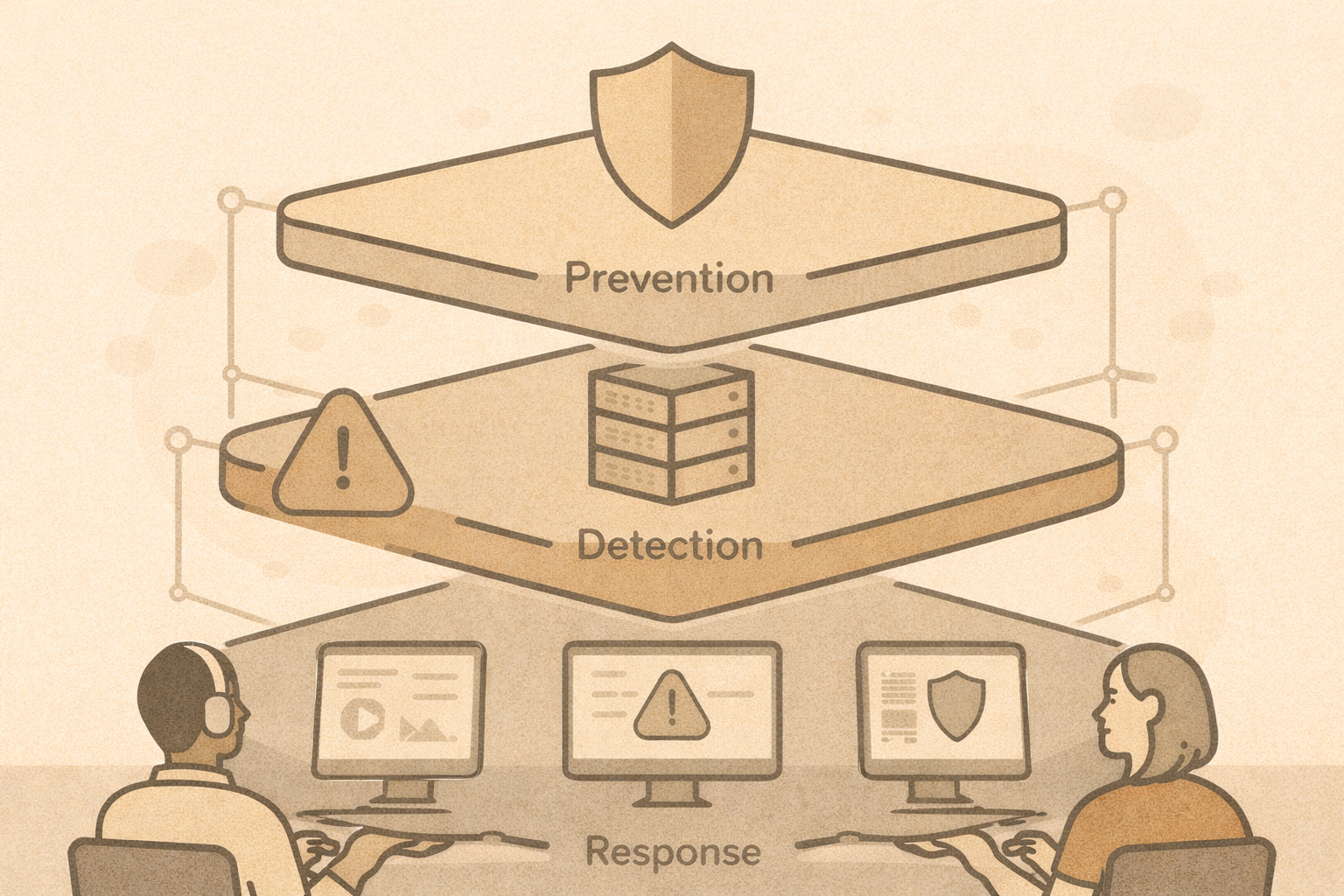 Defensive security fundamentals showing prevention, detection, and response
